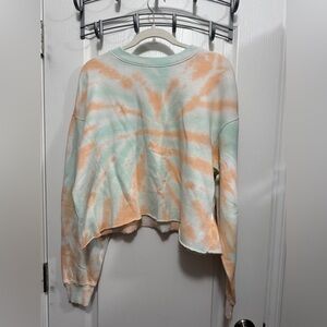 Be You Tie Dye‎ cropped Sweatshirt women’s L raw hem boho beach orange white fun